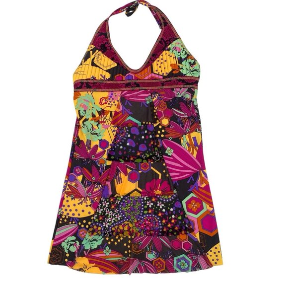 Agua Bendita Size L Mini Swim Dress Tiered Mesh Halter Mixed Media Nylon